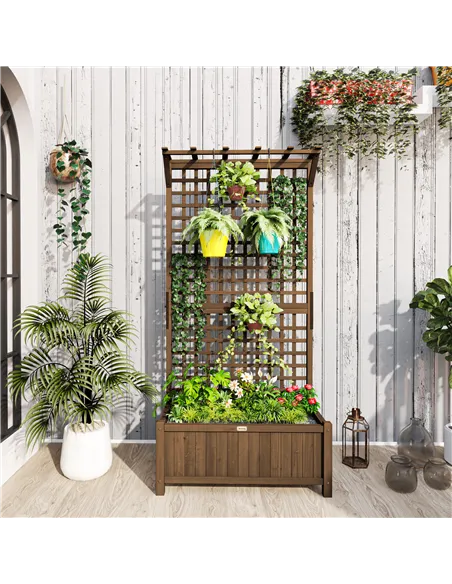 Outsunny Raised Bed with Drainage Holes, Wood Planter with Trellis for Climbing Plants to Grow Vegetables, Flowers, Brown