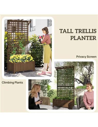 Outsunny Raised Bed with Drainage Holes, Wood Planter with Trellis for Climbing Plants to Grow Vegetables, Flowers, Brown