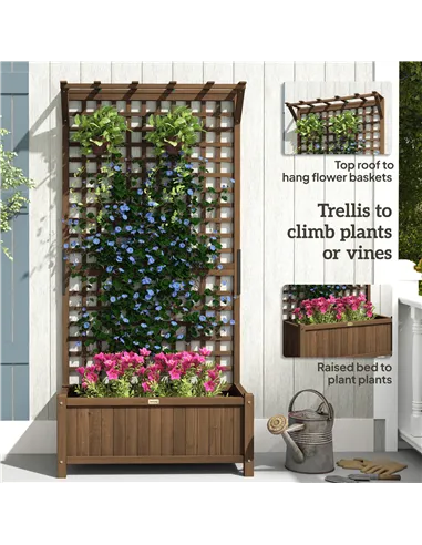 Outsunny Raised Bed with Drainage Holes, Wood Planter with Trellis for Climbing Plants to Grow Vegetables, Flowers, Brown