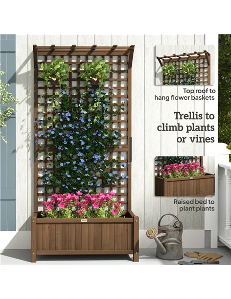Outsunny Raised Bed with Drainage Holes, Wood Planter with Trellis for Climbing Plants to Grow Vegetables, Flowers, Brown