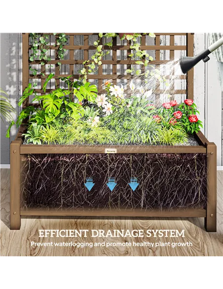 Outsunny Raised Bed with Drainage Holes, Wood Planter with Trellis for Climbing Plants to Grow Vegetables, Flowers, Brown
