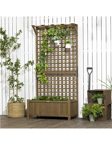 Outsunny Raised Bed with Drainage Holes, Wood Planter with Trellis for Climbing Plants to Grow Vegetables, Flowers, Brown