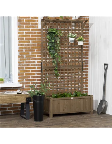 Outsunny Raised Bed with Drainage Holes, Wood Planter with Trellis for Climbing Plants to Grow Vegetables, Flowers, Brown