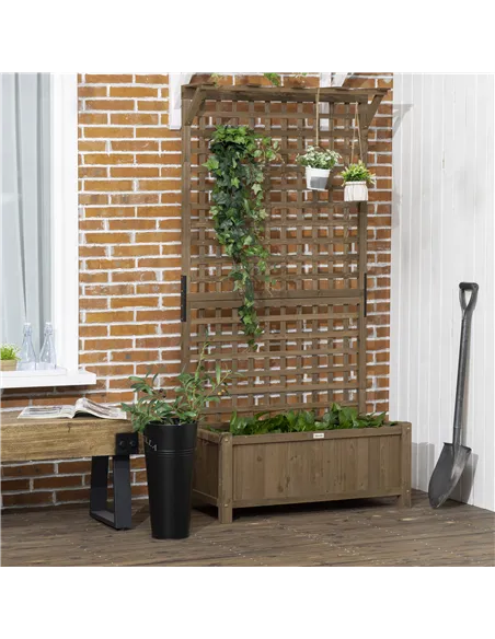 Outsunny Raised Bed with Drainage Holes, Wood Planter with Trellis for Climbing Plants to Grow Vegetables, Flowers, Brown
