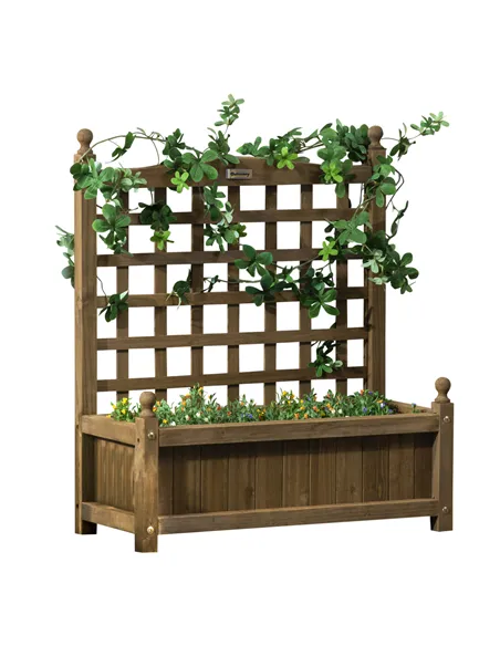Outsunny Garden Planters with Trellis for Climbing Vines, Wood Raised Beds for Garden, Flower Pot, Indoor Outdoor, Brown