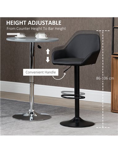 HOMCOM Bar Stools Set of 2, Height Adjustable Swivel Barstools, PU Leather Kitchen Stools with Backs, Armrests and Footrest for 