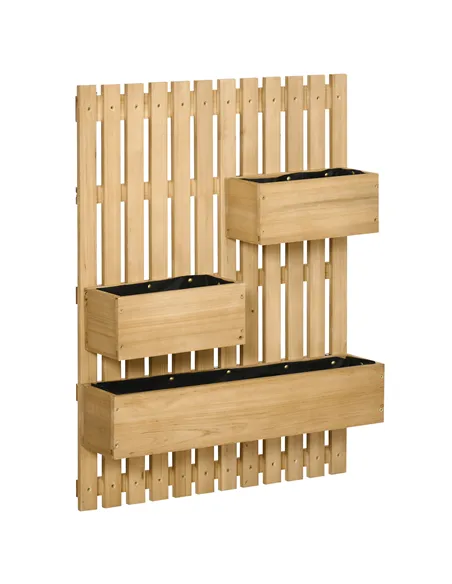 Outsunny Wall-mounted Wooden Garden Planters with Trellis, Drainage Holes and 3 Planter Boxes for Patio, Natural