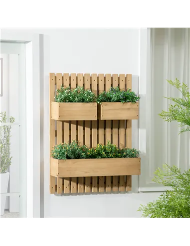 Outsunny Wall-mounted Wooden Garden Planters with Trellis, Drainage Holes and 3 Planter Boxes for Patio, Natural