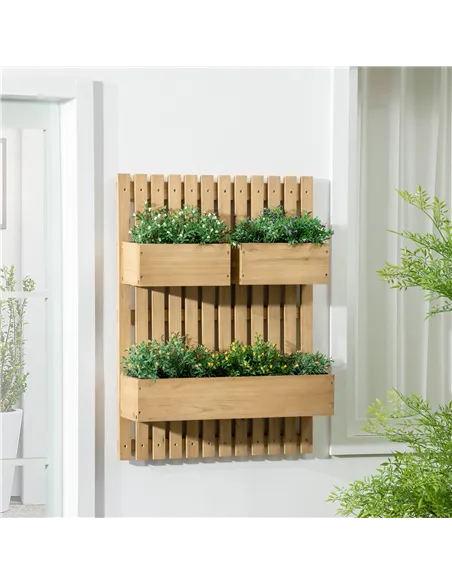 Outsunny Wall-mounted Wooden Garden Planters with Trellis, Drainage Holes and 3 Planter Boxes for Patio, Natural