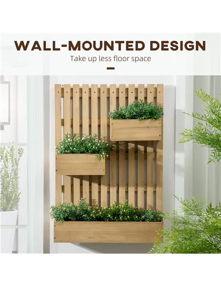 Outsunny Wall-mounted Wooden Garden Planters with Trellis, Drainage Holes and 3 Planter Boxes for Patio, Natural