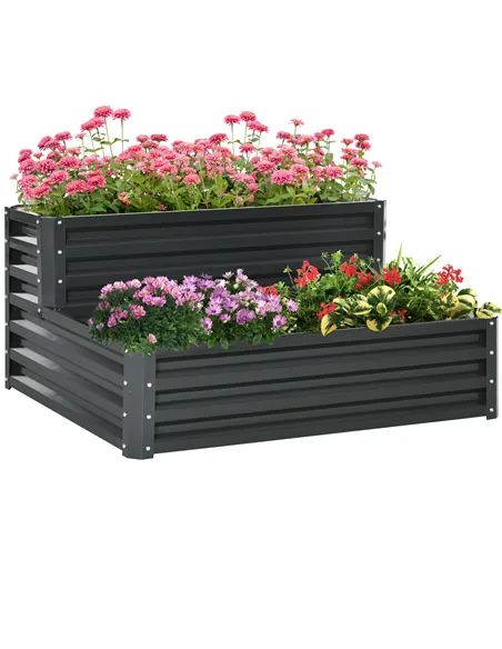 Outsunny 2 Tier Raised Garden Bed, Galvanised Planter Box with Open Bottom for Vegetables Flowers Herbs, 120x101x58cm, Dark Grey