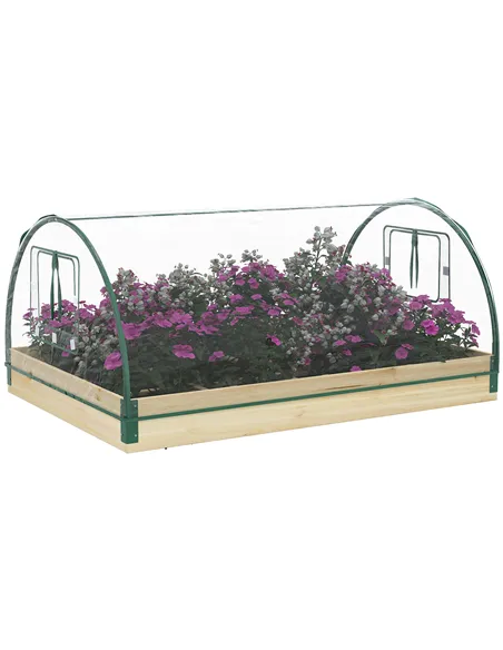 Outsunny Raised Bed with Greenhouse, Wooden Garden Planter Box with PVC Cover, Roll Up Windows, Dual Use for Vegetables, Plants,