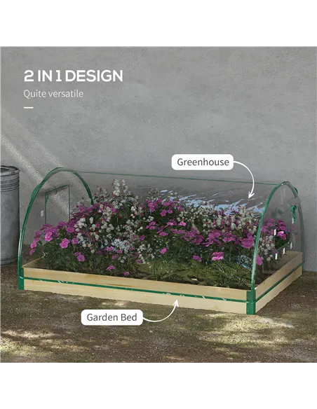 Outsunny Raised Bed with Greenhouse, Wooden Garden Planter Box with PVC Cover, Roll Up Windows, Dual Use for Vegetables, Plants,
