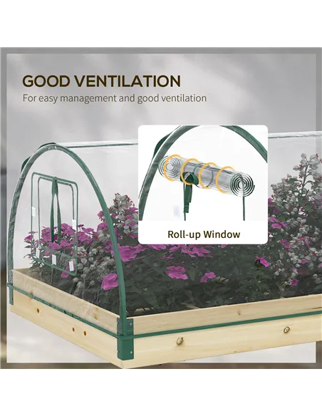 Outsunny Raised Bed with Greenhouse, Wooden Garden Planter Box with PVC Cover, Roll Up Windows, Dual Use for Vegetables, Plants,