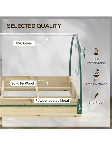 Outsunny Raised Bed with Greenhouse, Wooden Garden Planter Box with PVC Cover, Roll Up Windows, Dual Use for Vegetables, Plants,