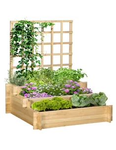 Outsunny 3 Tier Garden Planters with Trellis for Vine Climbing, Wooden Raised Beds, 95x95x110cm, Natural Tone