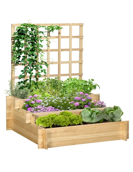 Outsunny 3 Tier Garden Planters with Trellis for Vine Climbing, Wooden Raised Beds, 95x95x110cm, Natural Tone
