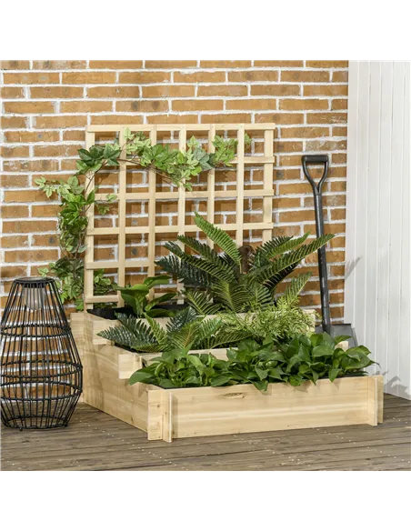 Outsunny 3 Tier Garden Planters with Trellis for Vine Climbing, Wooden Raised Beds, 95x95x110cm, Natural Tone
