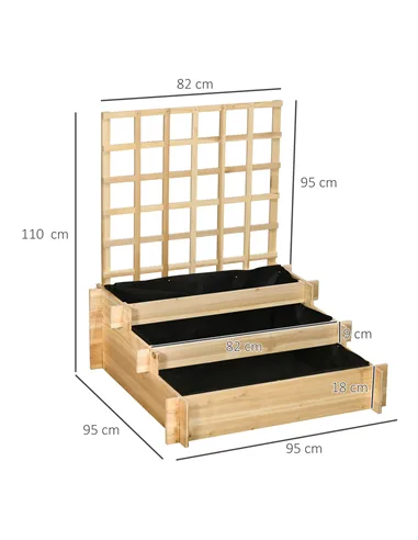 Outsunny 3 Tier Garden Planters with Trellis for Vine Climbing, Wooden Raised Beds, 95x95x110cm, Natural Tone