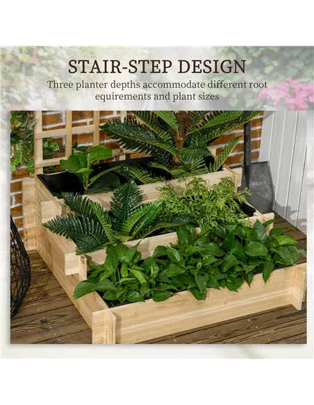 Outsunny 3 Tier Garden Planters with Trellis for Vine Climbing, Wooden Raised Beds, 95x95x110cm, Natural Tone
