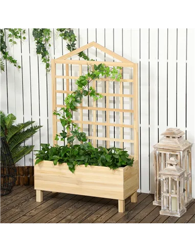 Outsunny Garden Planters with Trellis for Vine Climbing, Distressed Wooden Raised Beds, 90x43x150cm, Natural Tone