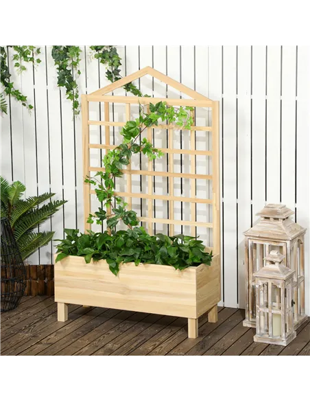 Outsunny Garden Planters with Trellis for Vine Climbing, Distressed Wooden Raised Beds, 90x43x150cm, Natural Tone
