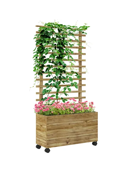 Outsunny Wooden Raised Planter, with Back Trellis - Natural Finish