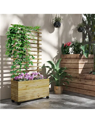 Outsunny Wooden Raised Planter, with Back Trellis - Natural Finish