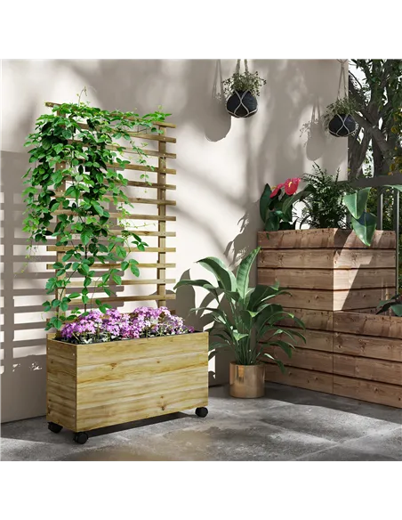 Outsunny Wooden Raised Planter, with Back Trellis - Natural Finish