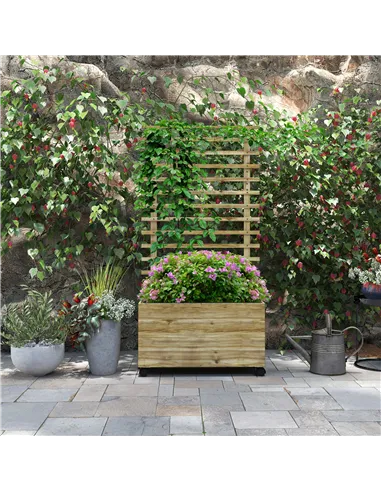 Outsunny Wooden Raised Planter, with Back Trellis - Natural Finish