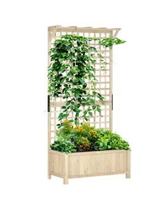 Outsunny Raised Bed with Drainage Holes, Wood Planter with Trellis for Climbing Plants to Grow Vegetables, Flowers, Natural