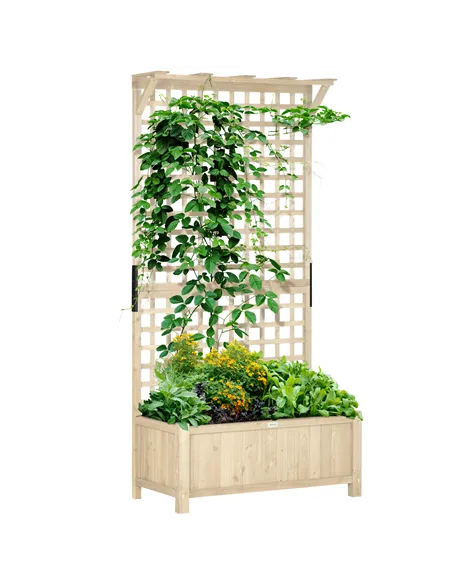 Outsunny Raised Bed with Drainage Holes, Wood Planter with Trellis for Climbing Plants to Grow Vegetables, Flowers, Natural