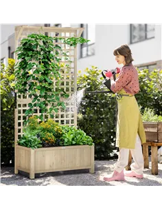 Outsunny Raised Bed with Drainage Holes, Wood Planter with Trellis for Climbing Plants to Grow Vegetables, Flowers, Natural 2