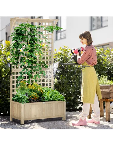Outsunny Raised Bed with Drainage Holes, Wood Planter with Trellis for Climbing Plants to Grow Vegetables, Flowers, Natural