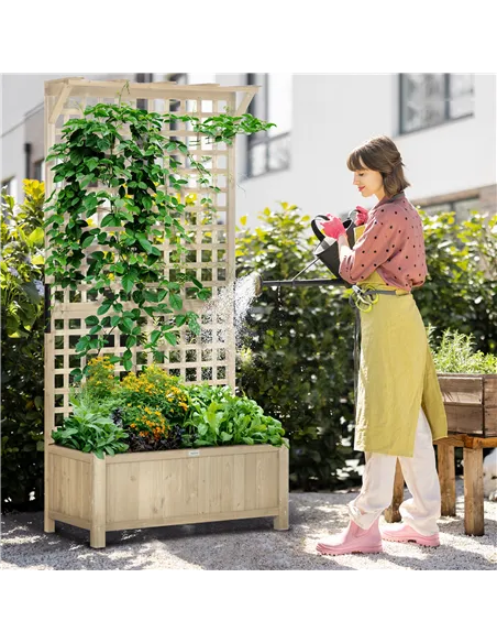 Outsunny Raised Bed with Drainage Holes, Wood Planter with Trellis for Climbing Plants to Grow Vegetables, Flowers, Natural