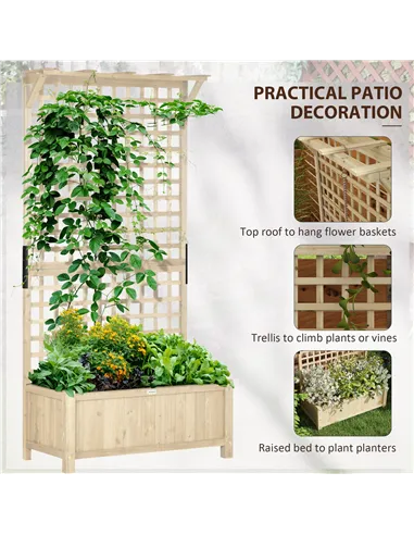 Outsunny Raised Bed with Drainage Holes, Wood Planter with Trellis for Climbing Plants to Grow Vegetables, Flowers, Natural