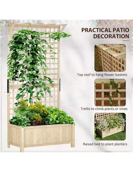 Outsunny Raised Bed with Drainage Holes, Wood Planter with Trellis for Climbing Plants to Grow Vegetables, Flowers, Natural