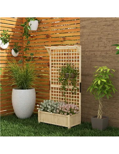 Outsunny Raised Bed with Drainage Holes, Wood Planter with Trellis for Climbing Plants to Grow Vegetables, Flowers, Natural