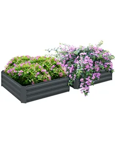 Outsunny Set of 2 291L Raised Garden Bed, Elevated Galvanised Planter Box for Flowers, Herbs, 100x100x30cm, Dark Grey