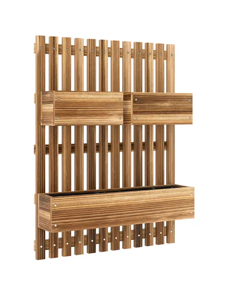 Outsunny Wall-mounted Wooden Garden Planters with Trellis, Drainage Holes and 3 Planter Boxes for Patio, Carbonised