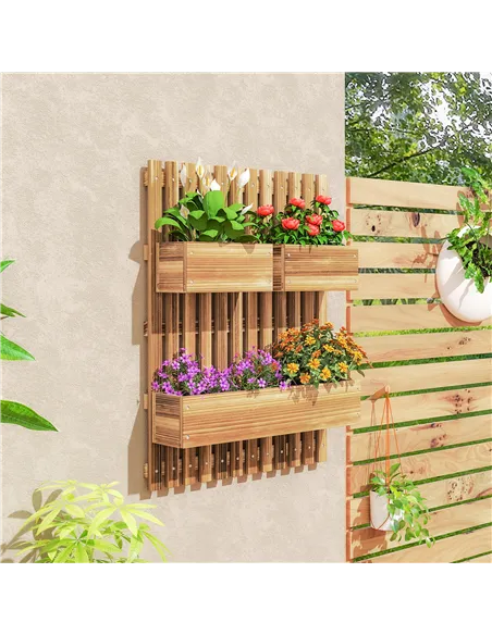 Outsunny Wall-mounted Wooden Garden Planters with Trellis, Drainage Holes and 3 Planter Boxes for Patio, Carbonised