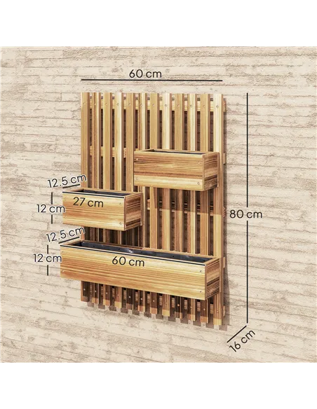 Outsunny Wall-mounted Wooden Garden Planters with Trellis, Drainage Holes and 3 Planter Boxes for Patio, Carbonised