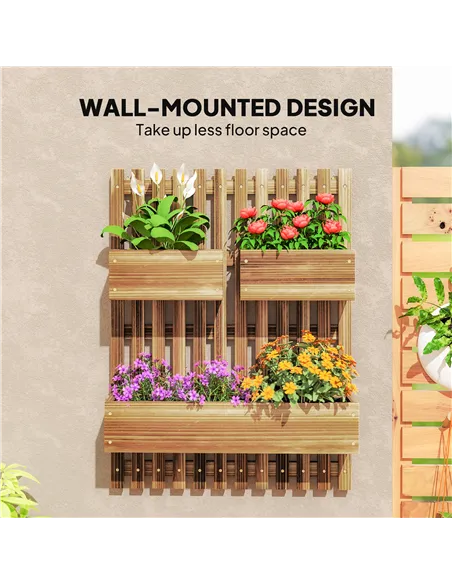 Outsunny Wall-mounted Wooden Garden Planters with Trellis, Drainage Holes and 3 Planter Boxes for Patio, Carbonised