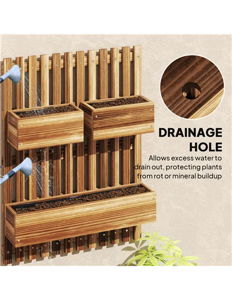 Outsunny Wall-mounted Wooden Garden Planters with Trellis, Drainage Holes and 3 Planter Boxes for Patio, Carbonised