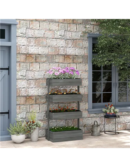 Outsunny Four-Tier Basket Wooden Plant Stand - Grey