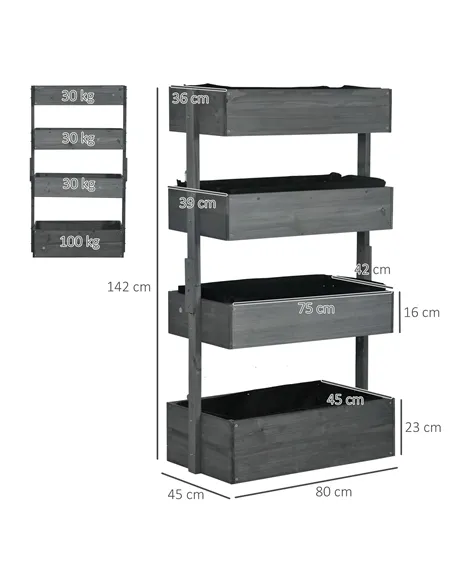 Outsunny Four-Tier Basket Wooden Plant Stand - Grey