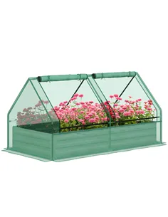 Outsunny Metal Planter Box with Cover, Raised Garden Bed with Greenhouse, for Herbs and Vegetables, Green and Dark Grey