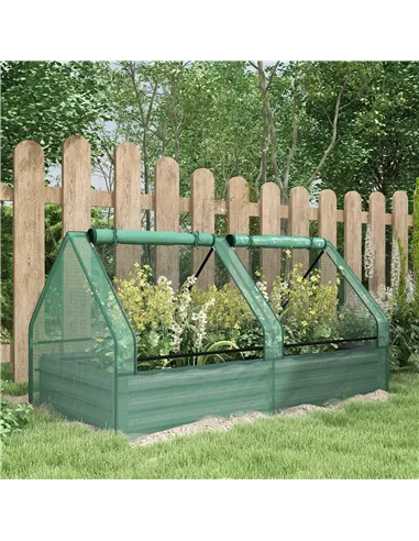 Outsunny Metal Planter Box with Cover, Raised Garden Bed with Greenhouse, for Herbs and Vegetables, Green and Dark Grey