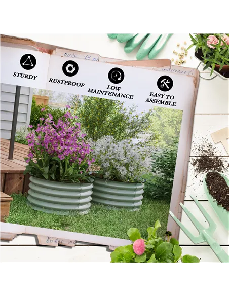 Outsunny Set of 2 Raised Garden Bed, Metal Planter Box with Safety Edging, Easy-to-assemble Stock Tank, Green