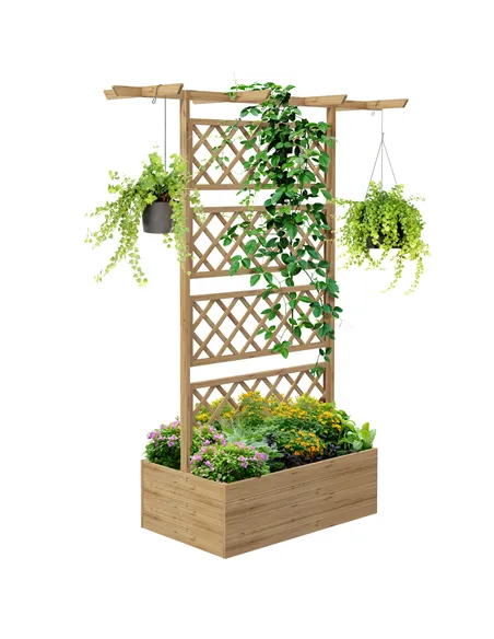 Outsunny Wooden Trellis Planter Box, Raised Garden Bed to Grow Vegetables, Herbs and Flowers, Natural Tone